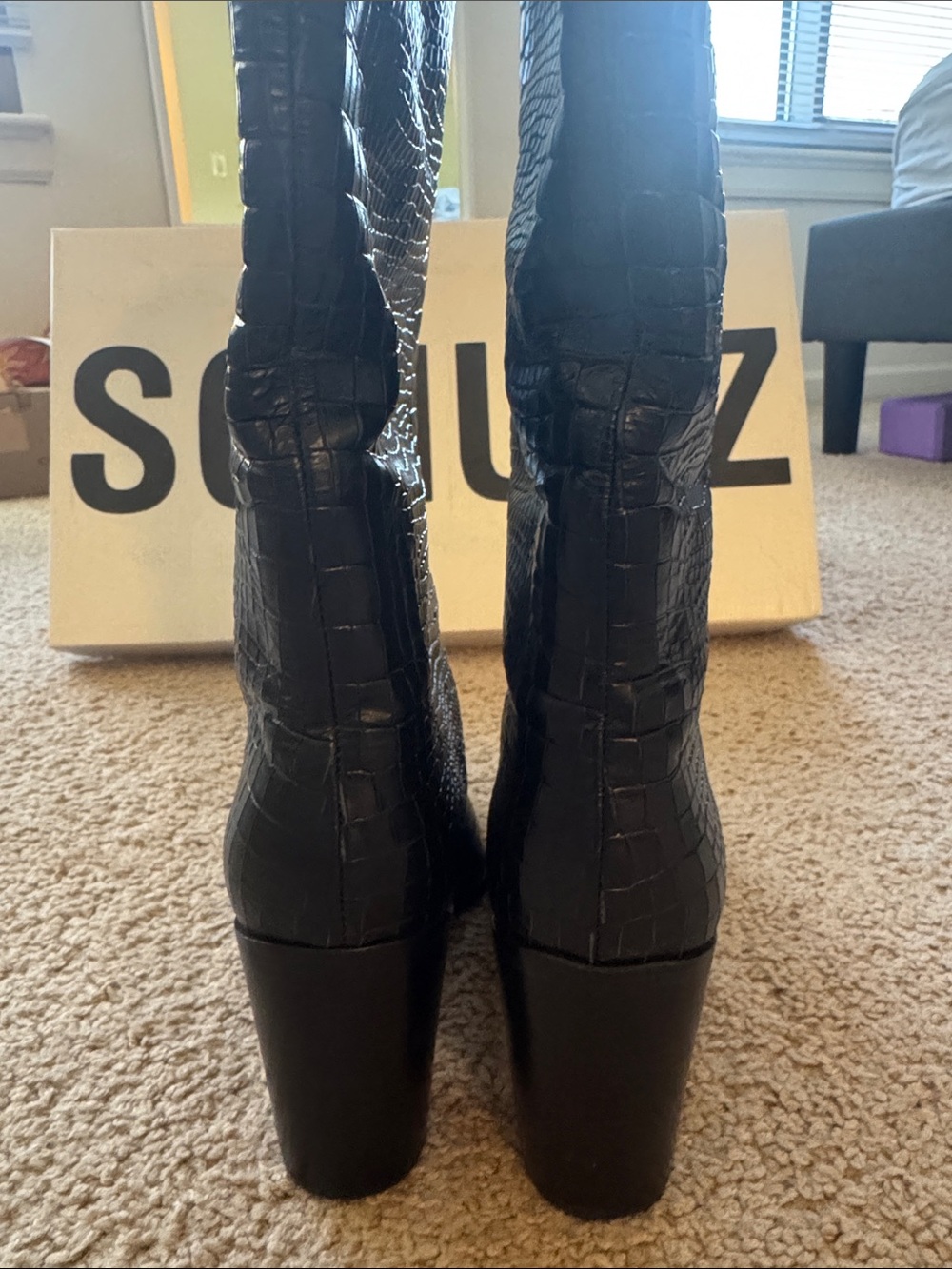 SCHUTZ Black Croc-Embossed Knee-High Boots - Picture 5 of 10